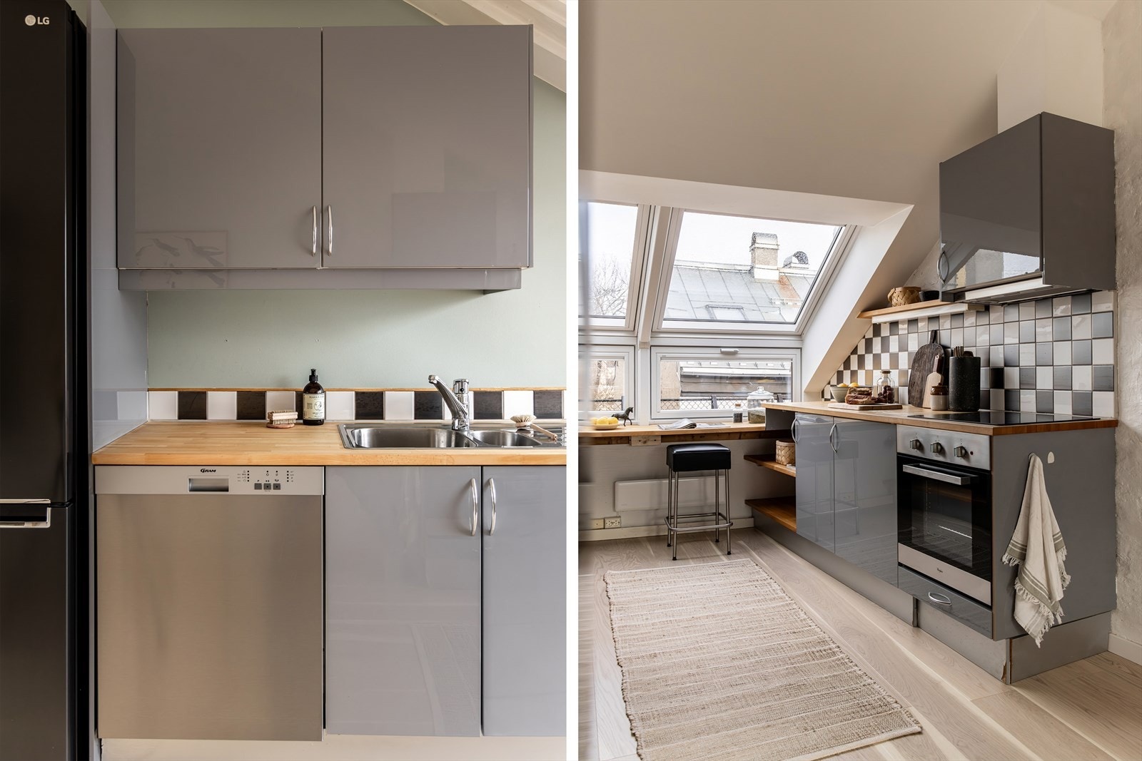 Integrerte hvitevarer som platetopp, stekeovn og oppvaskmaskin samt frittstående kombiskap (LG fra 2020). Galleribilde