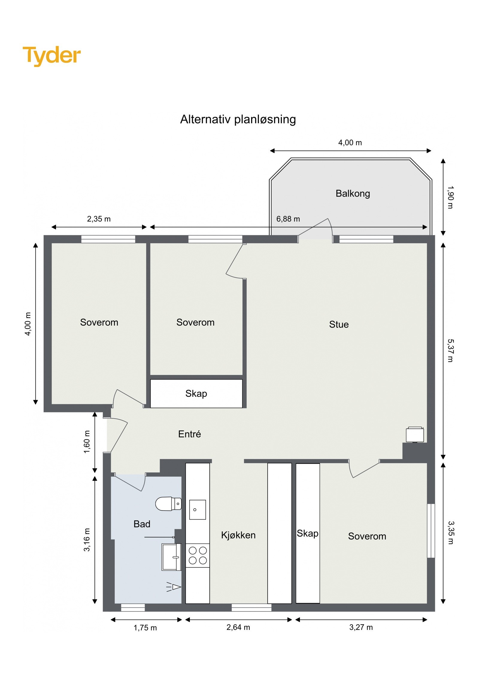 Alternativ plantegning med 3 soverom Galleribilde