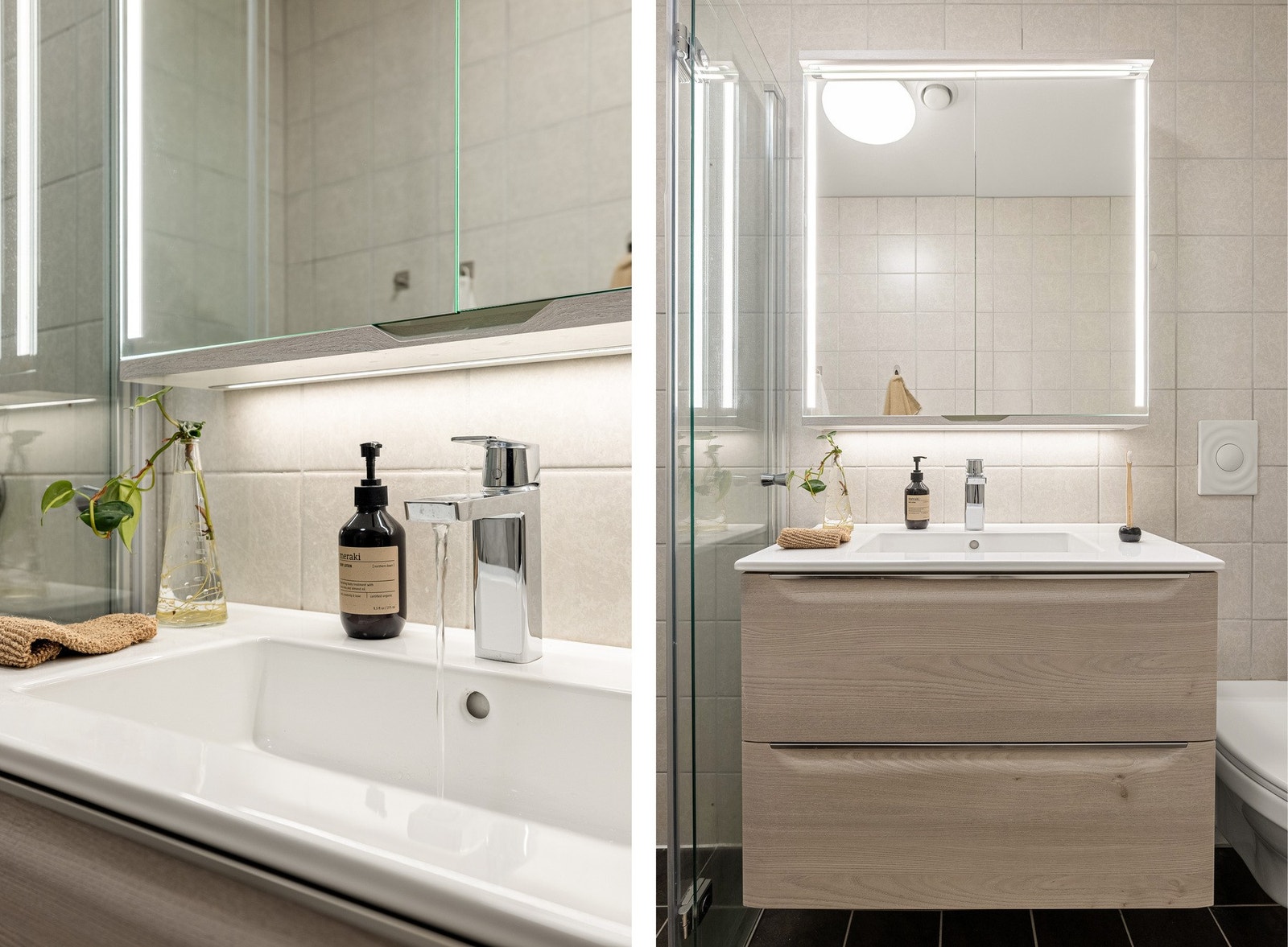 Badet har vegghengt servantinnredning med skuffer og ovenpåliggende servant, speilskap med overlys og stikkontakt over servant, samt dusjhjørne med dører og vegghengt dusjarmatur. Galleribilde