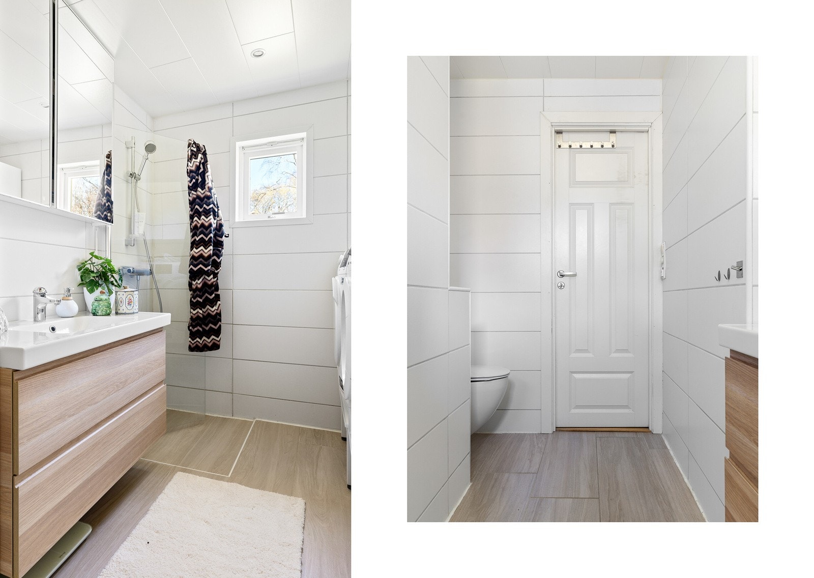 Badet er utstyrt med dusjhjørne med innfellbare glassdører, stort speilskap, opplegg for både vaskemaskin og tørketrommel, toalett og selvfølgelig behagelig varme i gulvet. Galleribilde