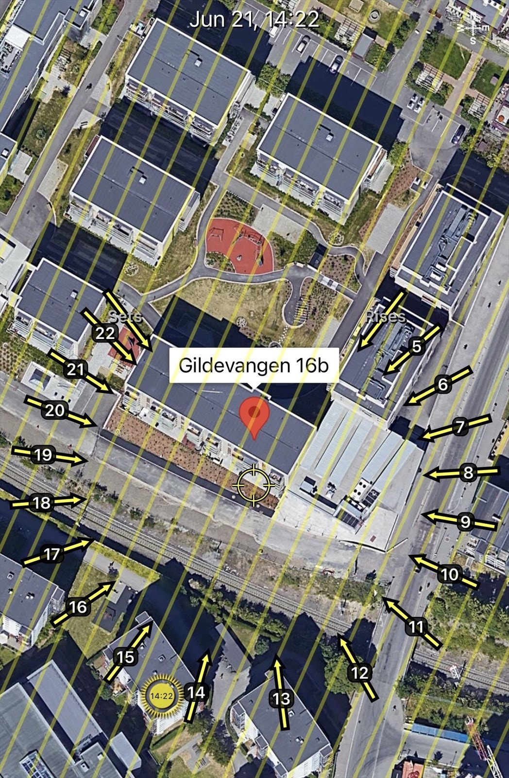 Solkart er kun ment som en illustrasjon over solforholdene midtsommers (21.6). Teknologien som brukes kan slå feil pga. kalibrering e.l. Solforhold må derfor også kontrolleres selv ved hjelp av kompass, kart eller egen app hvis dette er av betydning Galleribilde
