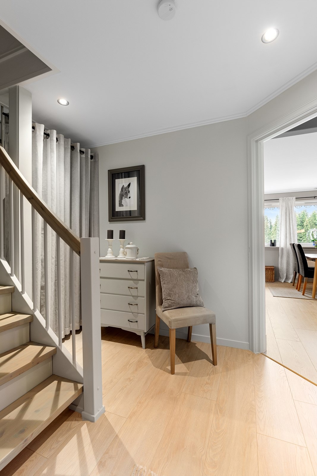 Rom for annen oppbevaring i garderobeløsning, samt gode muligheter for lagring under trappen. Galleribilde