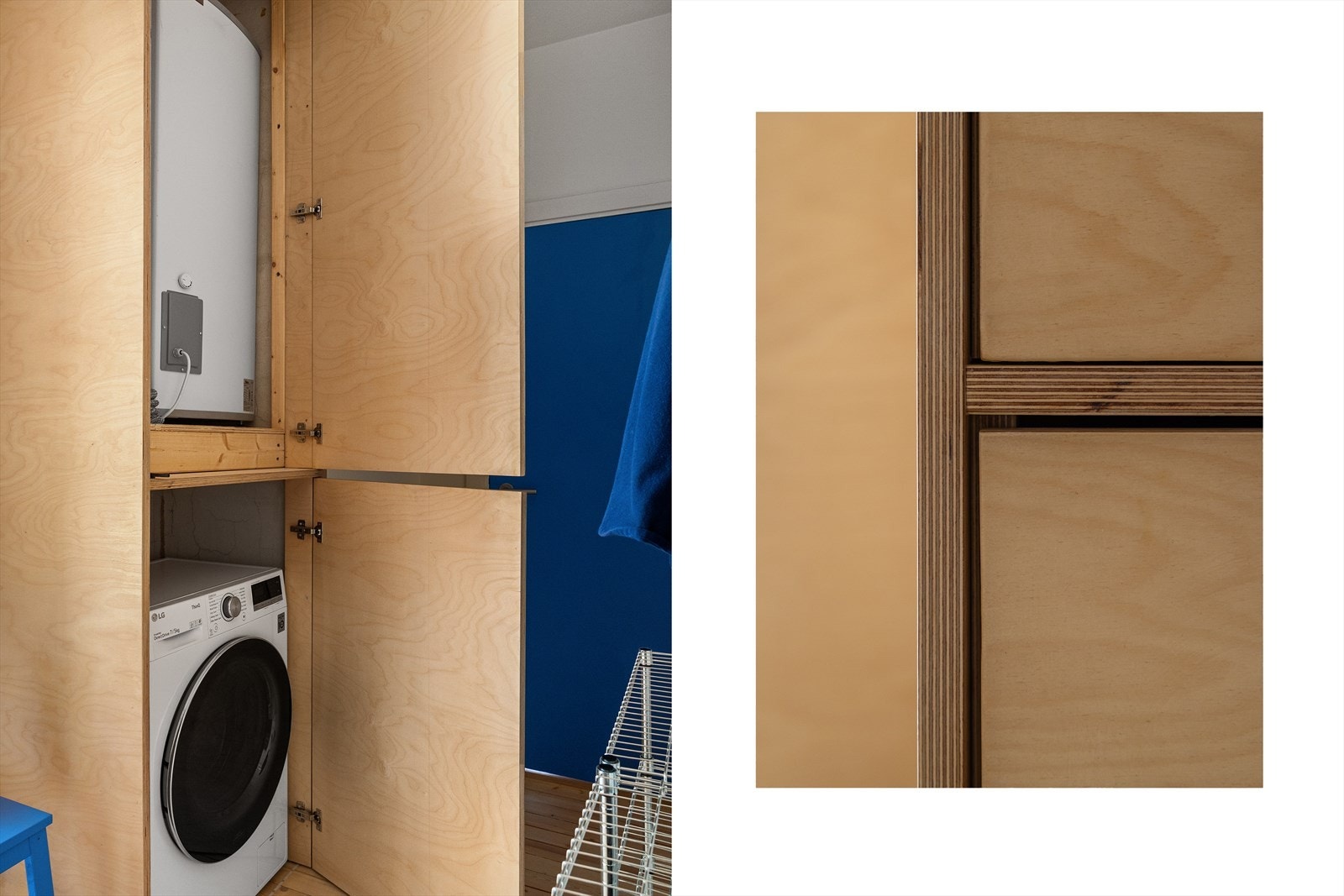 Plassbygget skap i gangen med vaskemaskin og varmtvannsbereder, utført i samme materiale som kjøkkenet. Galleribilde