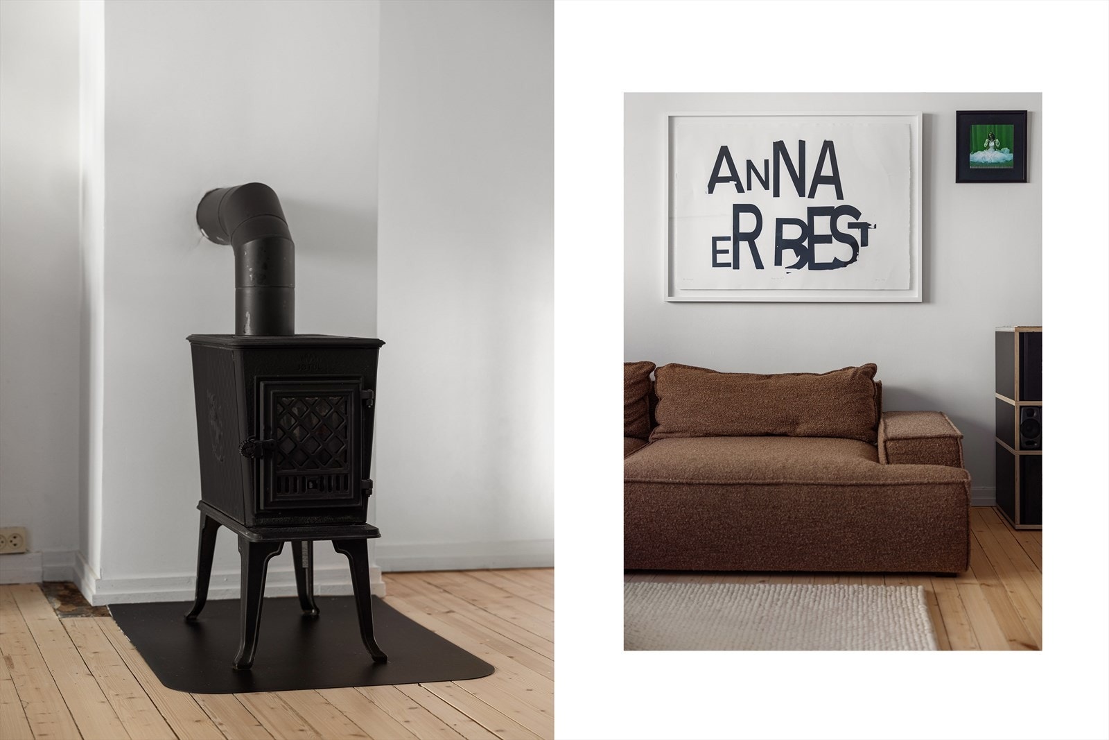 Hyggelig peisovn fungerer som en naturlig romdeler, og gir god varme i stue og på kjøkken. Galleribilde