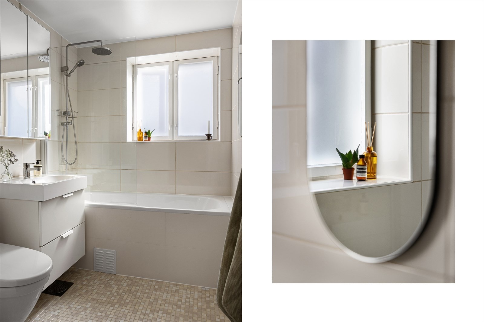 Det lyse og funksjonelle baderommet er utstyrt med gulvvarme og badekar med tappekran, regnfallsdusj og dusjslange. Galleribilde