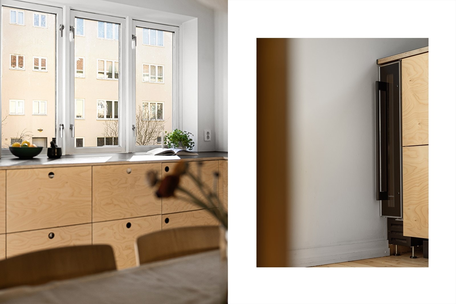 Benkeplaten et trukket helt inn i det dype vinduet, og har et slitesterkt finér- og linoleumsbelegg. Et vinkjøleskap er satt inn for litt luksus i hverdagen. Galleribilde