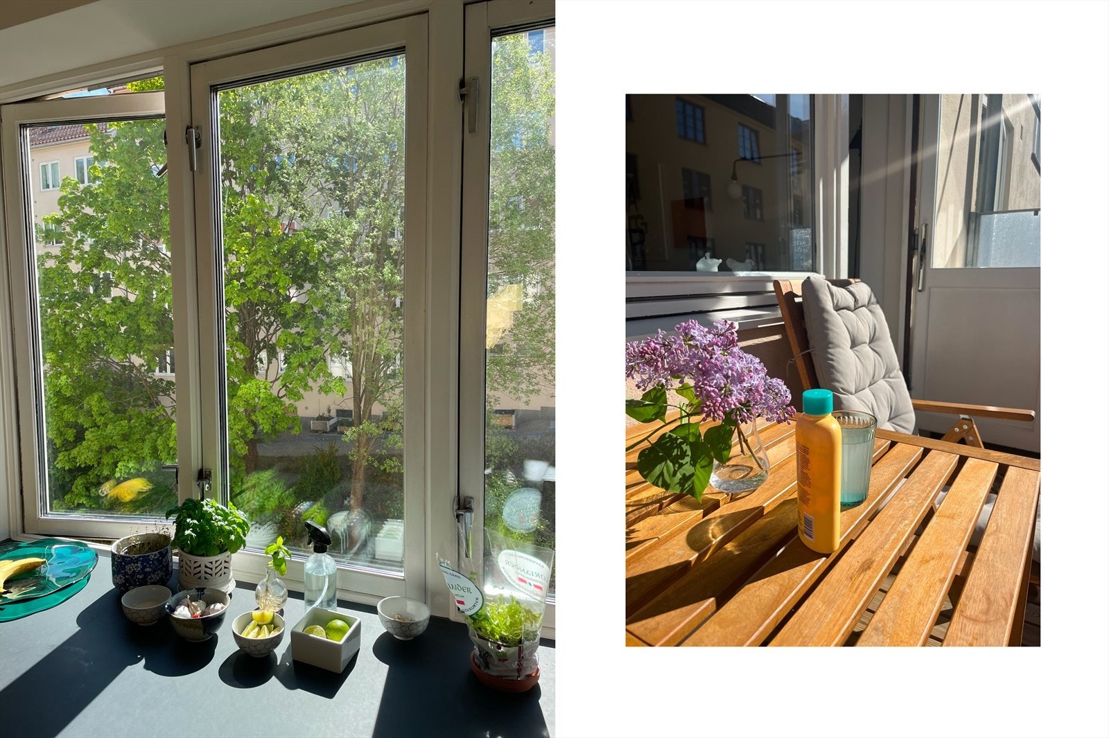 Selgers egne bilder med frodig utsikt fra kjøkkenbenken og sol på balkongen i sommerhalvåret. Galleribilde