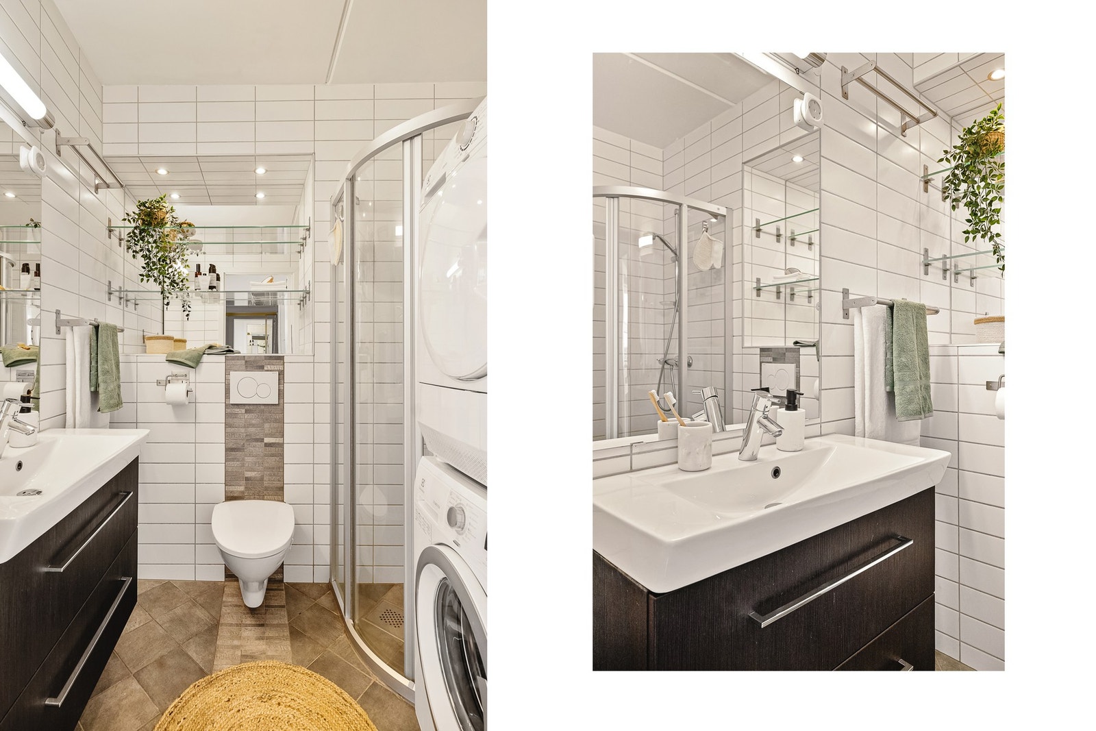 Badet er stilrent og inneholder vegghengt toalett, en helstøpt servant med tilhørende skuffer, dusjdører i klart glass, samt opplegg for vaskemaskin. Både vegger og gulv er flislagt, og gulvet er utstyrt med behagelige varmekabler Galleribilde