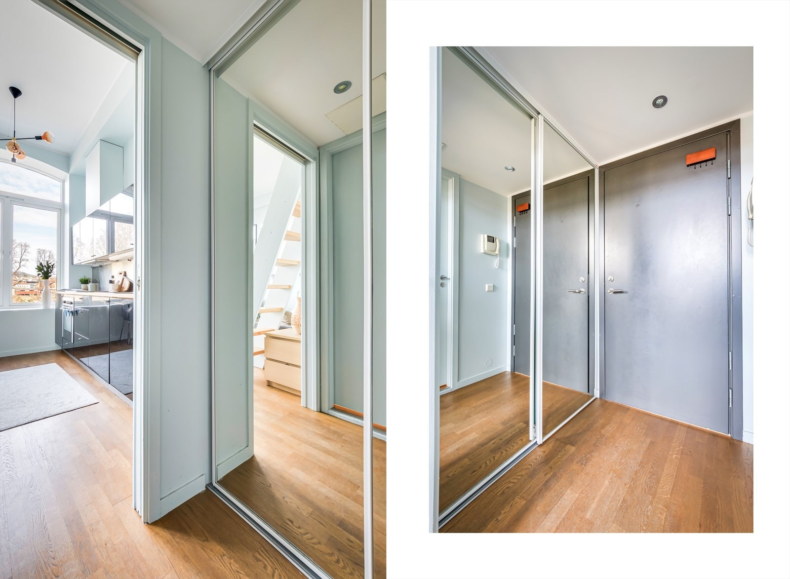 Velkommen inn i en lys og funksjonell leilighet! Gangen gir et godt førsteinntrykk med lys atmosfære og praktisk oppbevaringsplass. Et romslig garderobeskap gir god lagringsmulighet for yttertøy og sko. Galleribilde