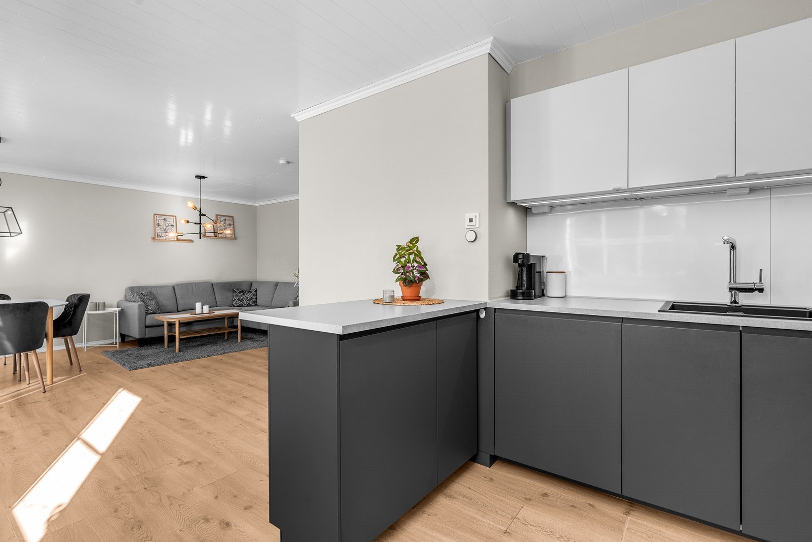 Effektiv kjøkkenløsning med åpen forbindelse til stuen. Galleribilde