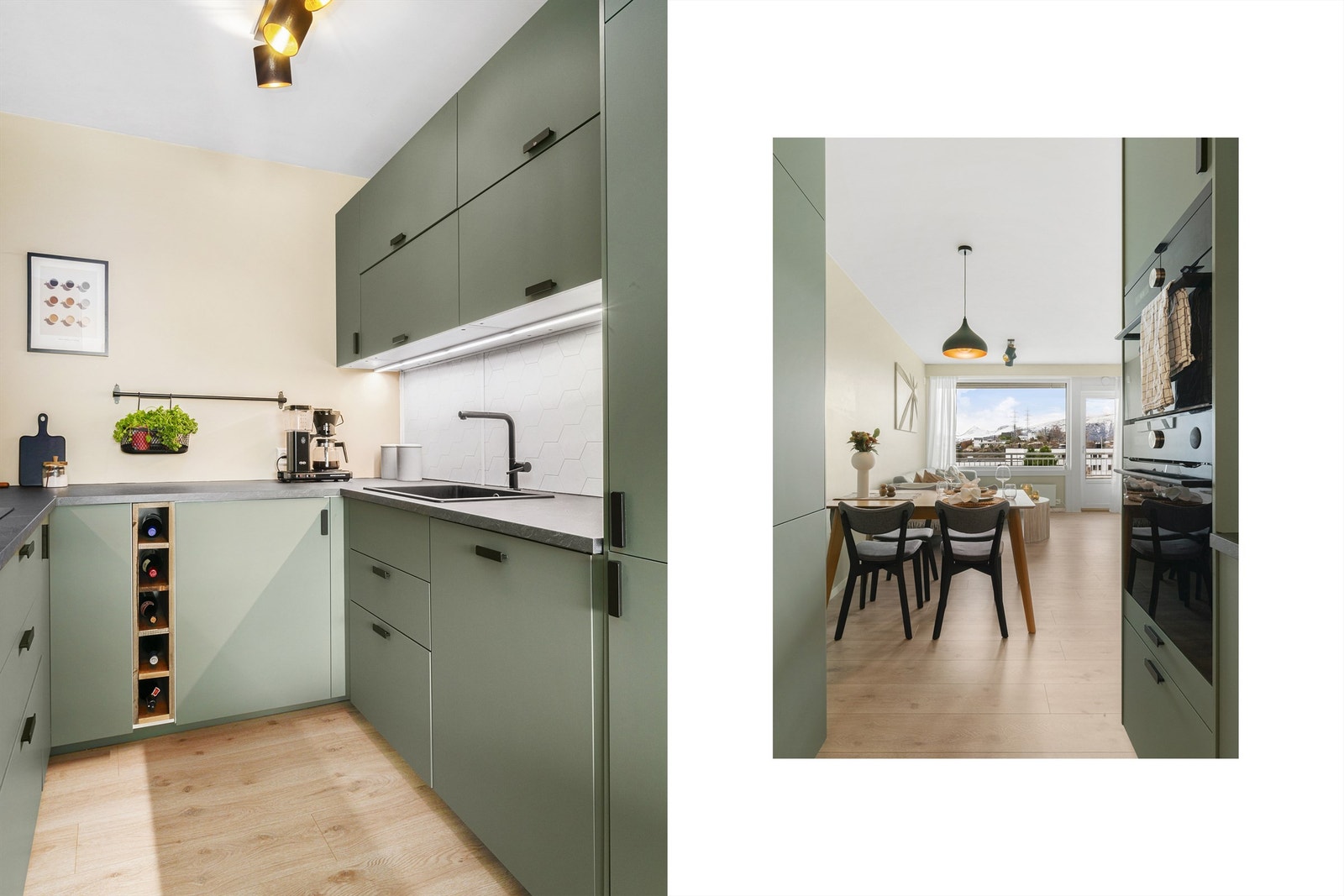 I vaskesonen er veggflaten dekorert med hvite, sekskantede fliser, noe som bidrar sprutbeskyttelse, samtidig som det gir en moderne touch. Belysningen under overskapene sørger for godt arbeidslys. Legg og merke til vinhyllen! Galleribilde