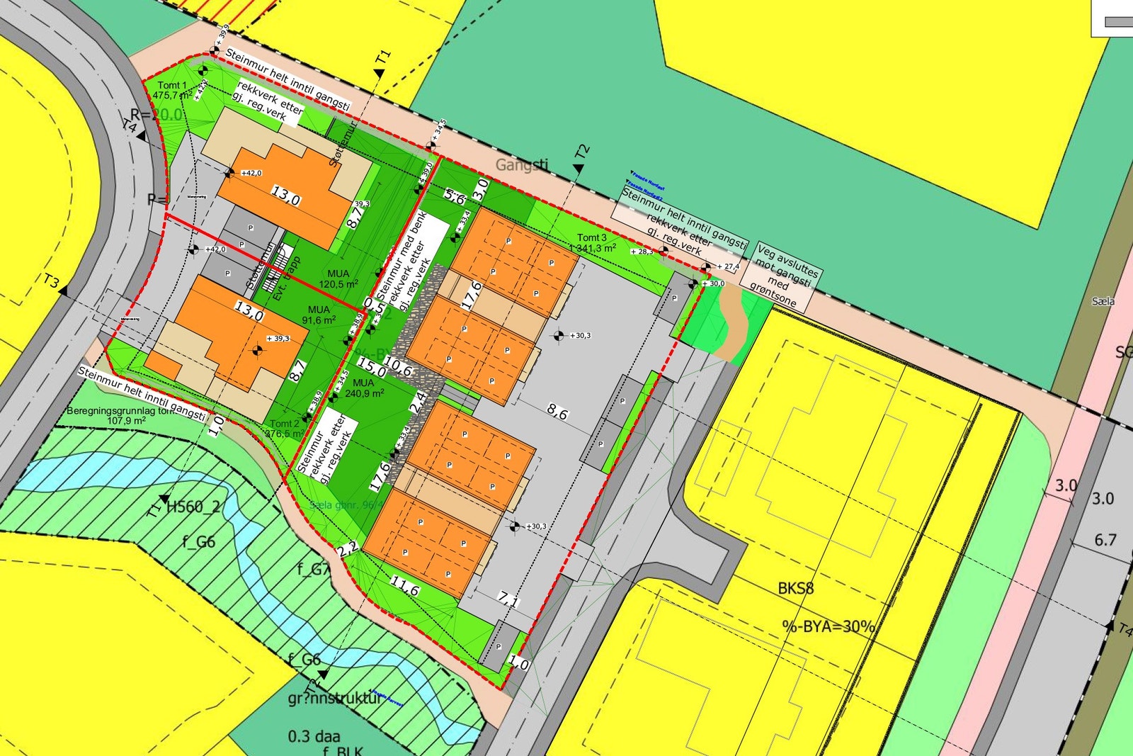 Situasjonsplan Sælasteinen 2 og 4. Tomtene kan slåast sammen til ei unik tomt. Høg utnytting på tomtene 40%. Galleribilde