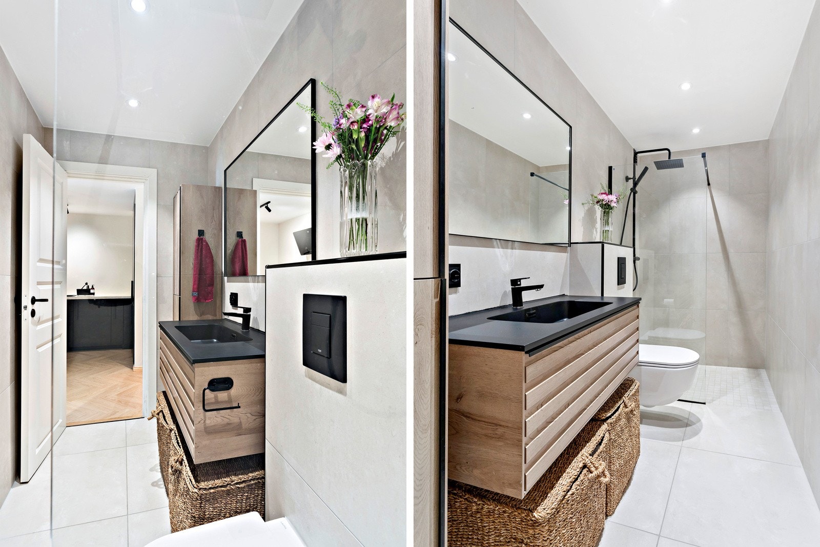 Nyoppusset bad fra 2022 med lekre 60x60 fliser, vegghengt toalett, regnfallsdusj og servant med overspeil. Galleribilde