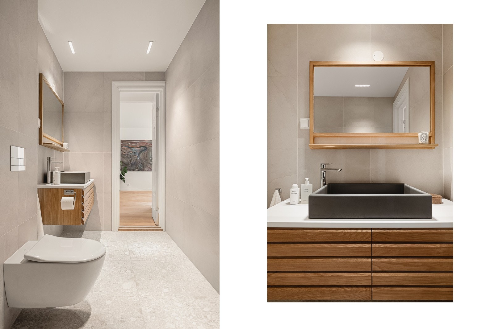 Eksklusivt og romslig bad med italienske fliser, lekker baderomsinnredning, vegghengt toalett dusjsone med glassvegg og badekar. Badet ble fagmessig oppusset i 2022 med nytt rør-i-rør system. Galleribilde