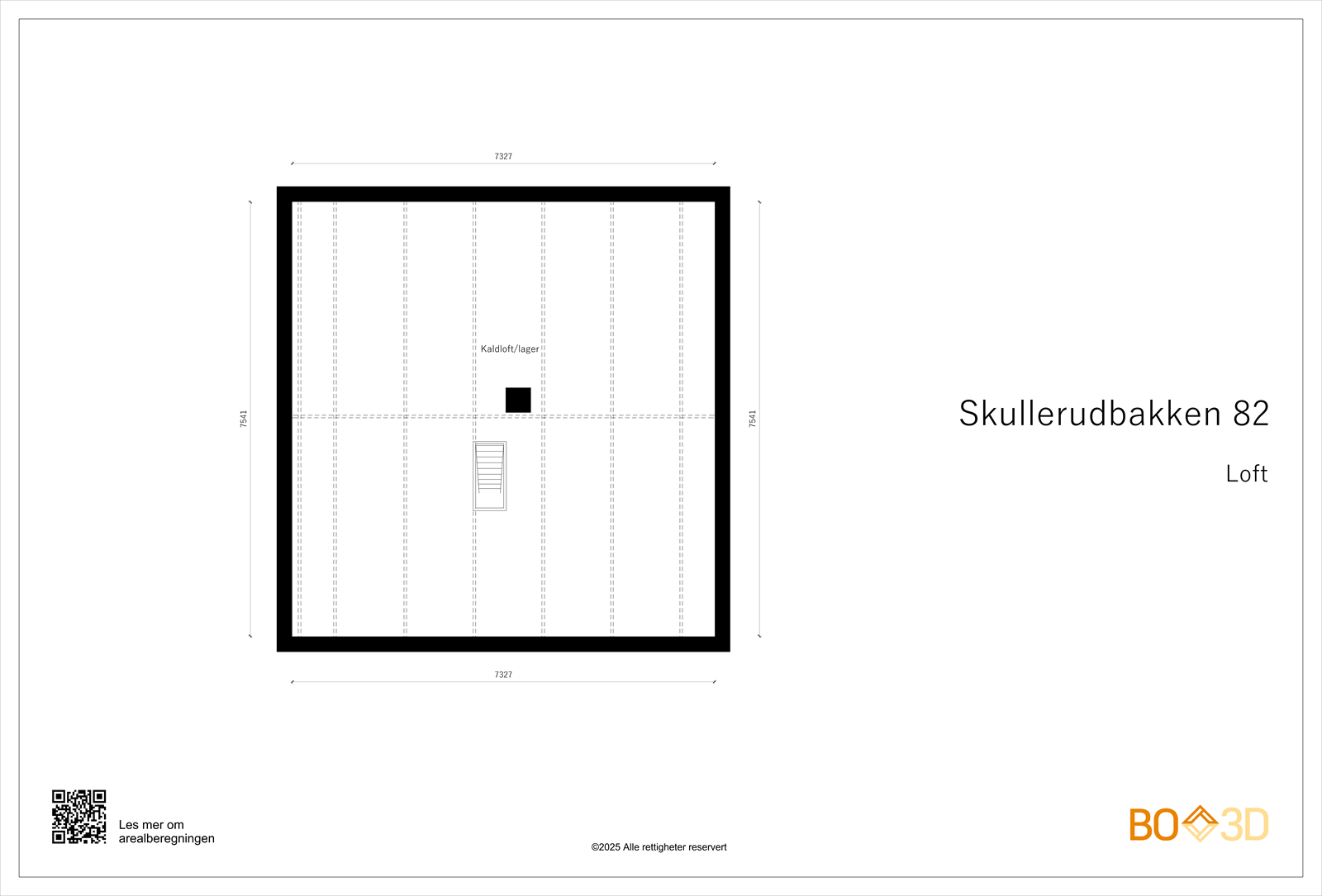 Plantegning kaldloft. Kaldloft på 20 m², og med et gulvareal på 55 m². Her er det gode muligheter for oppbevaring. Galleribilde