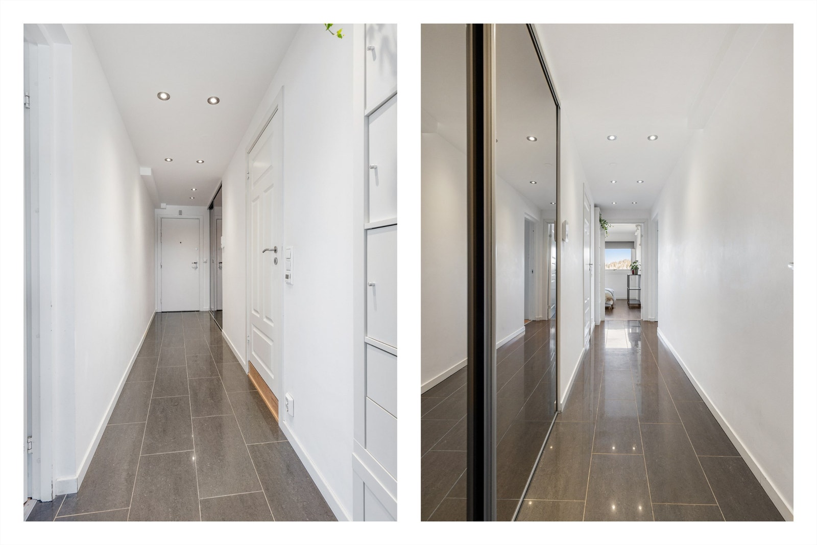 Velkommen inn! Entréen er lys og innbydende med en romslig skyvedørsgarderobe som gjør det enkelt å oppbevare yttertøy og sko. Galleribilde