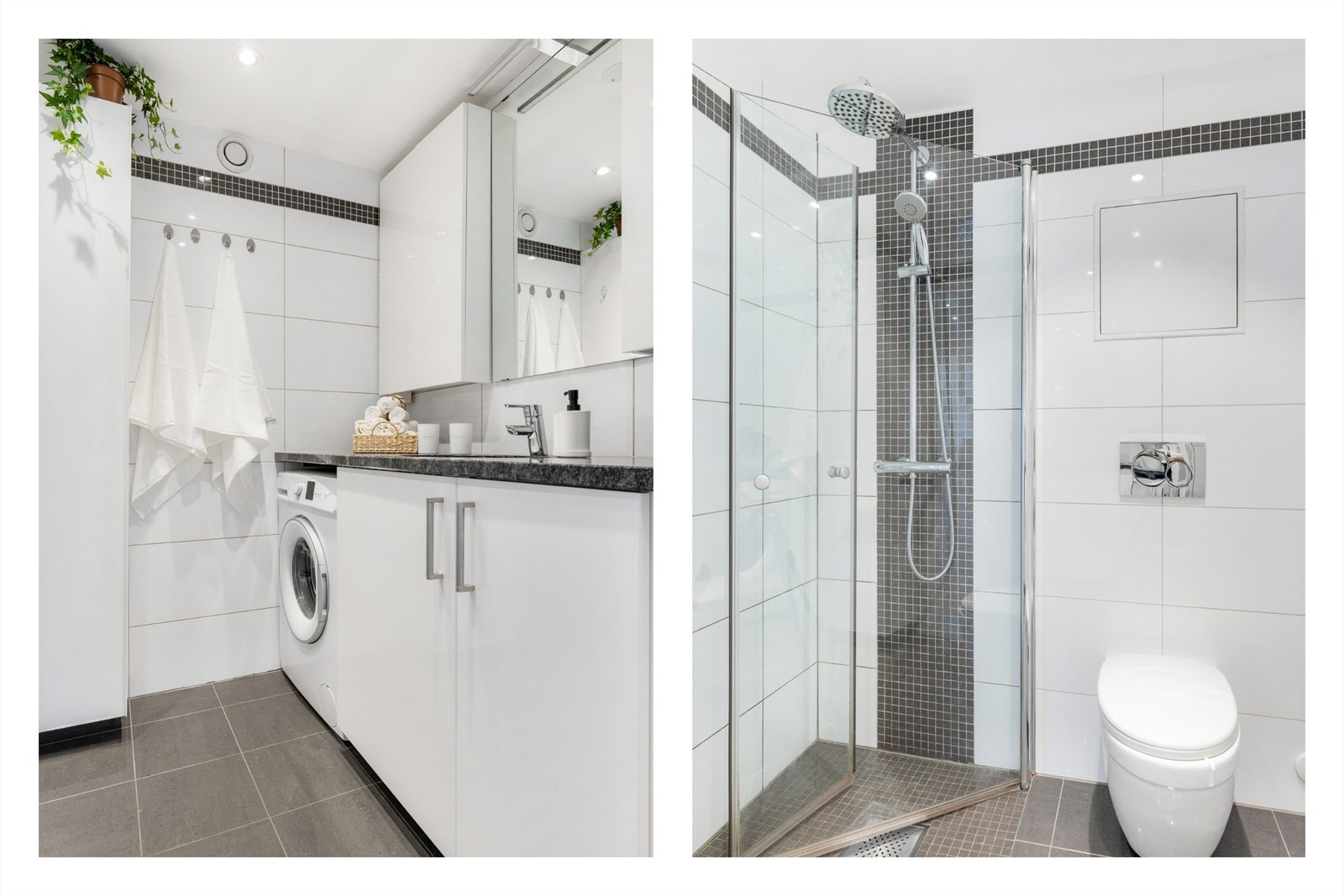 Badet er innredet med vegghengt klosett, servant på innredning med benkeplate i granitt, vegghengt oppbevaringsskap og dusjhjørne med dusjvegger. Det er også både plass og opplegg for vaskemaskin i tilpasset interiør. Galleribilde