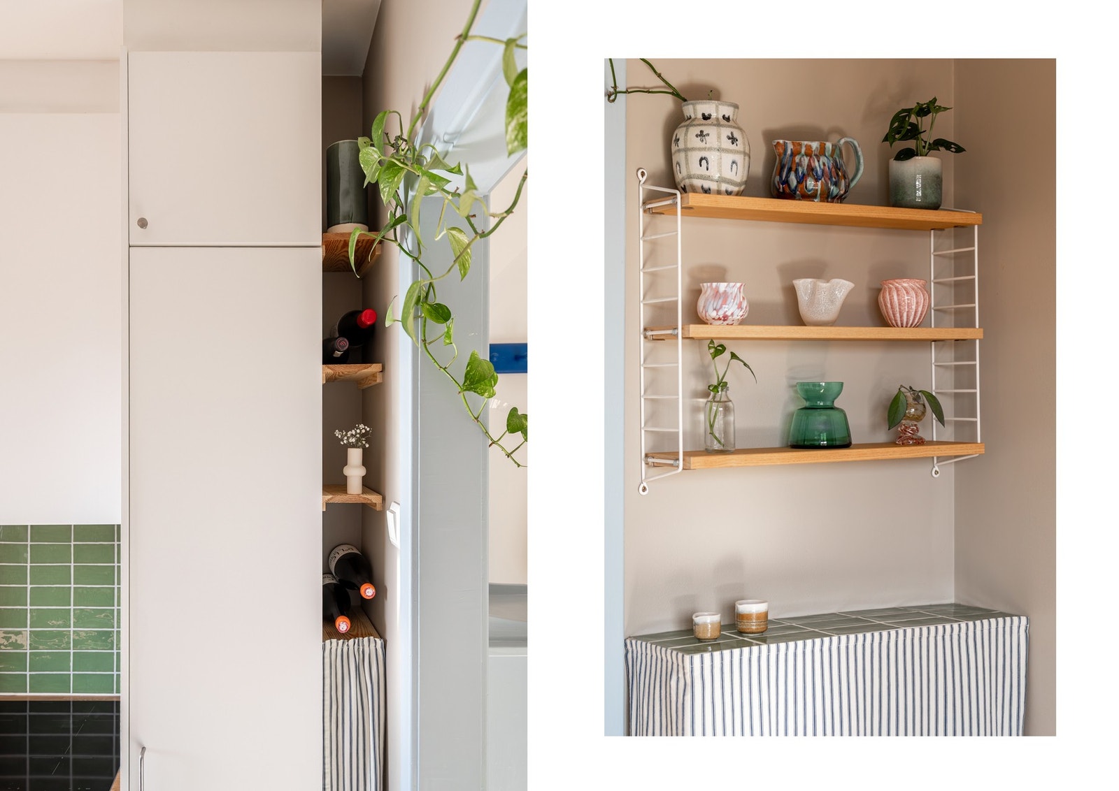 Plasbygde løsninger på kjøkkenet. På høyre bilde skjules radiator. Kan om ønskelig medfølge. Galleribilde