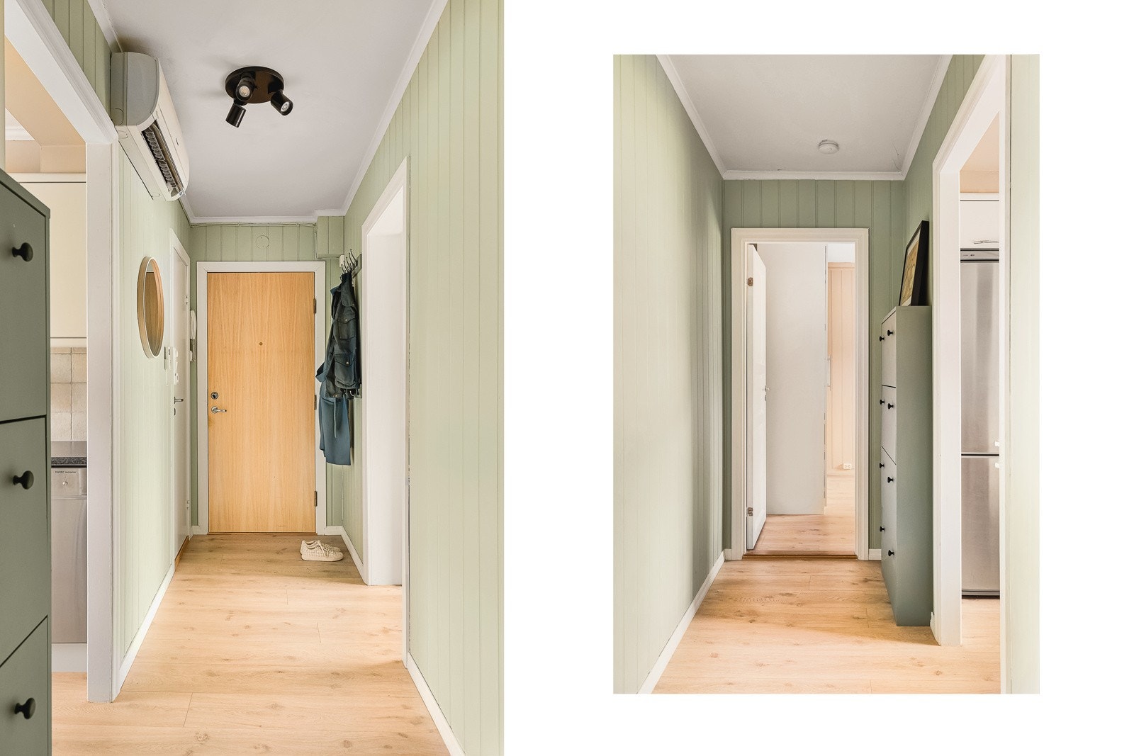 - Det første du møter er en lys og luftig entré/gang med plass til oppheng og skohyller. Varmepumpen er plassert i gangen - Galleribilde