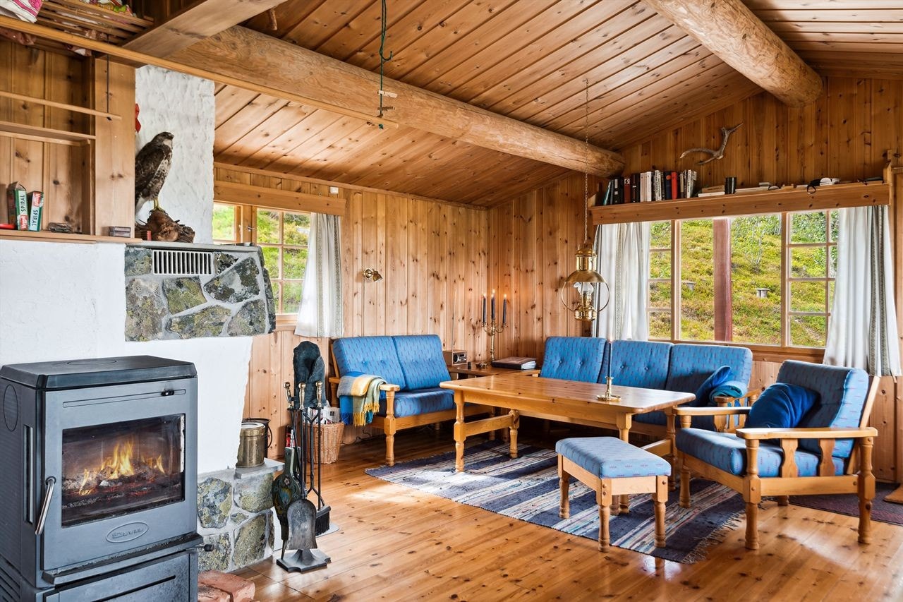 Stua har åstak og har vinduer på tre sider med utgang til terrassen Galleribilde
