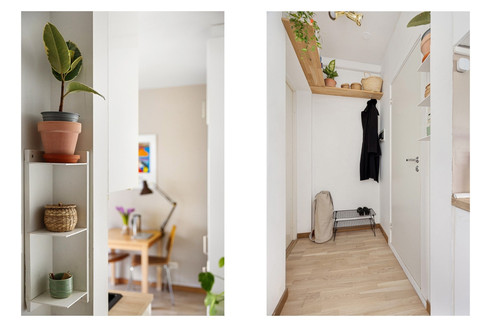 Lys entrè med plassbygde hyller oppunder taket. Galleribilde