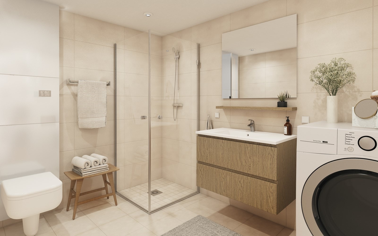 Illustrasjon av bad Svanen. Et lekkert og lyst bad med en tidløs fargepalett. Det leveres med vaskemaskin som er direkte tilkoblet varmtvann for en enda mer effektiv og energivennlig bruk! Galleribilde