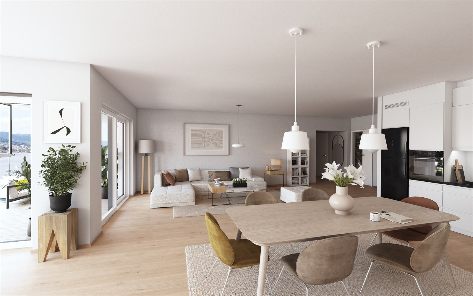 Illustrasjon av stue og kjøkken Svanen. Galleribilde