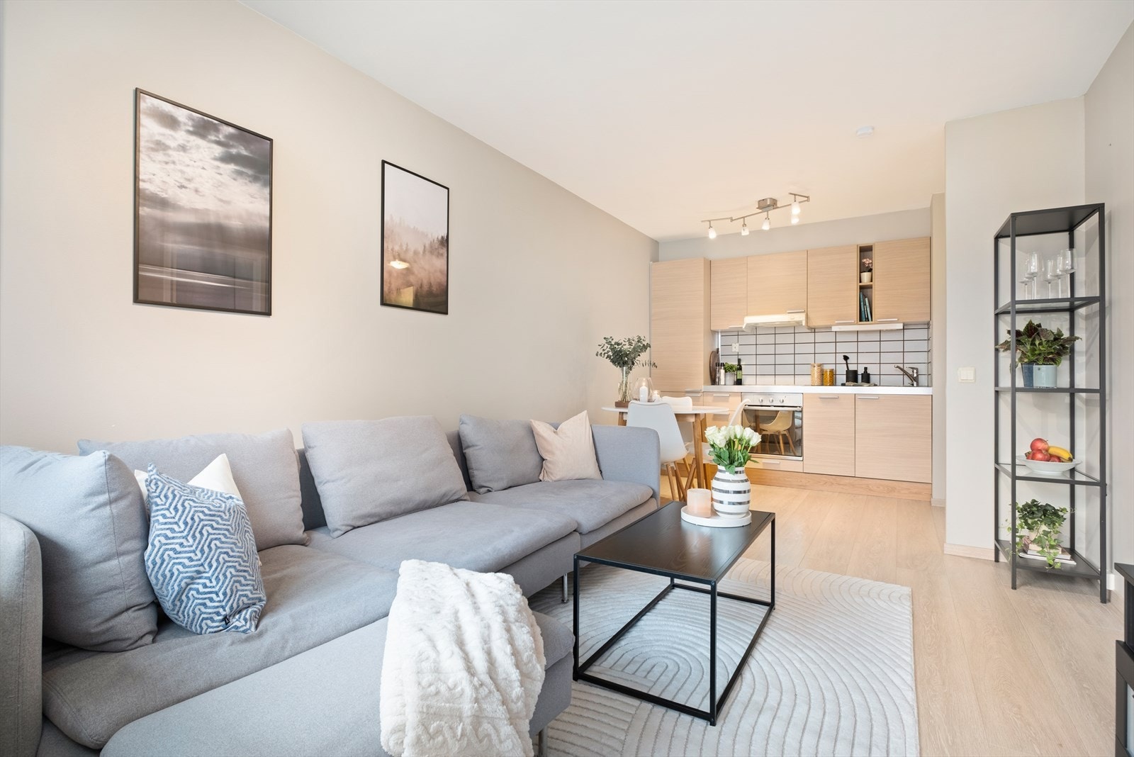 Stuen og kjøkkenet ligger i åpen løsning på 16,8m² Galleribilde