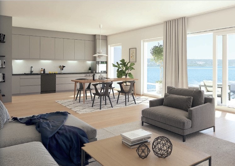 Interiørpakke anden er valgt for denne leiligheten. (illustrasjon av stue og kjøkken. Avvik kan forekomme) Galleribilde