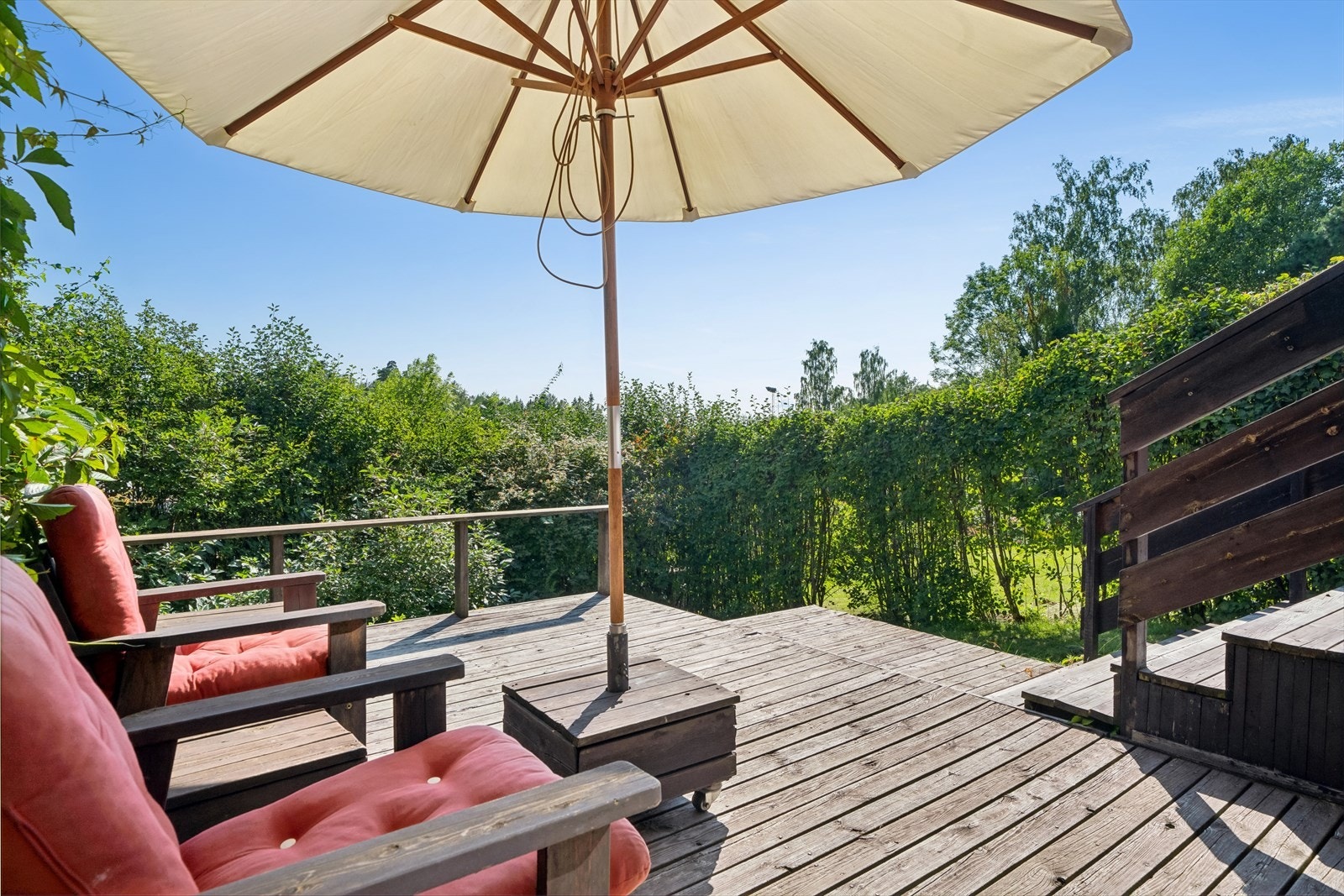 Nyt sommersolen på terrassen fra tidlig morgen til ca 19-tiden. Deretter er det kveldssol på inngangssiden til 21-tiden. Galleribilde