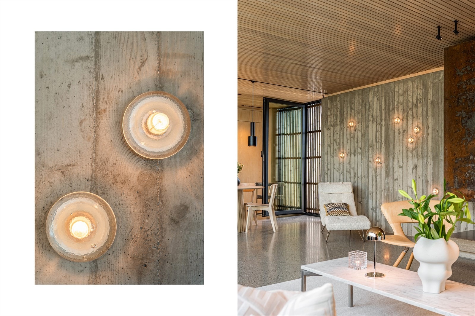 Interiøret er stilrent og kombinasjonen av svartstål, bordforskalt betong og ask gir rommet et helt unikt uttrykk Galleribilde