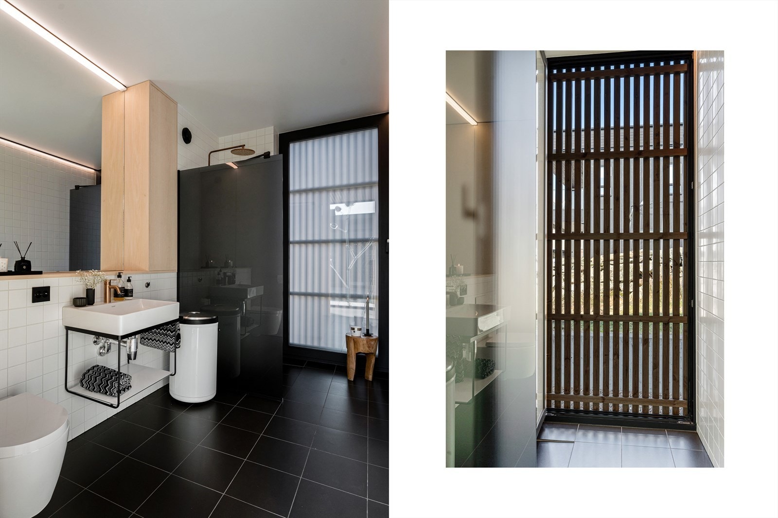 Badet er funksjonelt innredet og har det rette lyset både morgen og kveld. Dagslyset som slipper gjennom spilekledningen gir rommet særpreg Galleribilde