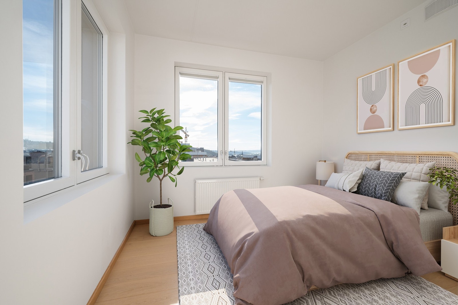 Illustrasjonsbilde med digital styling - viser muligheter for møblering av soverommet. Galleribilde