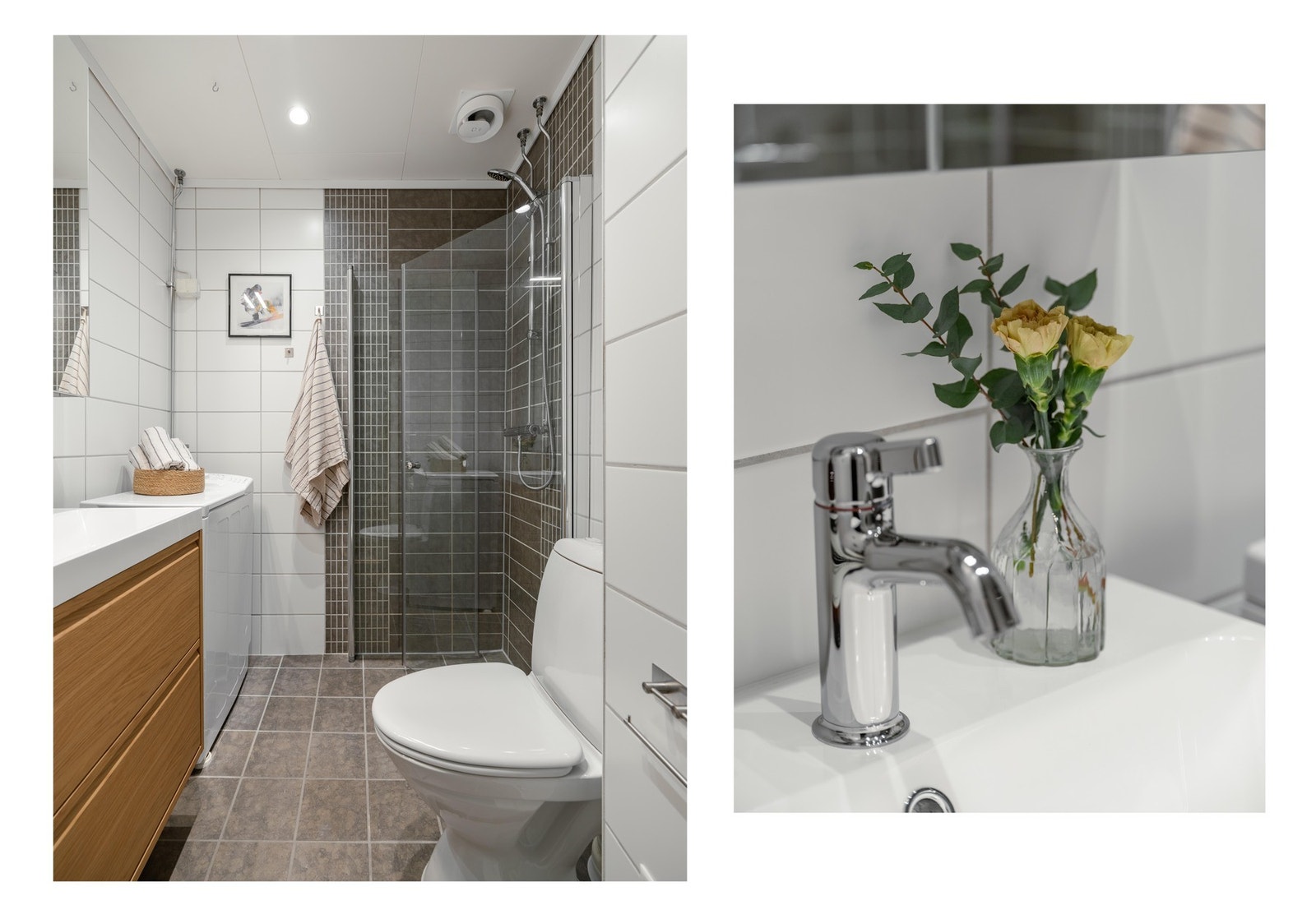 Det moderne servantskapet ble montert i 2025. Dusjdørene ble for øvrig montert i 2019. Her er det lune varmekabler i gulv og downlights i tak for god belysning. Galleribilde