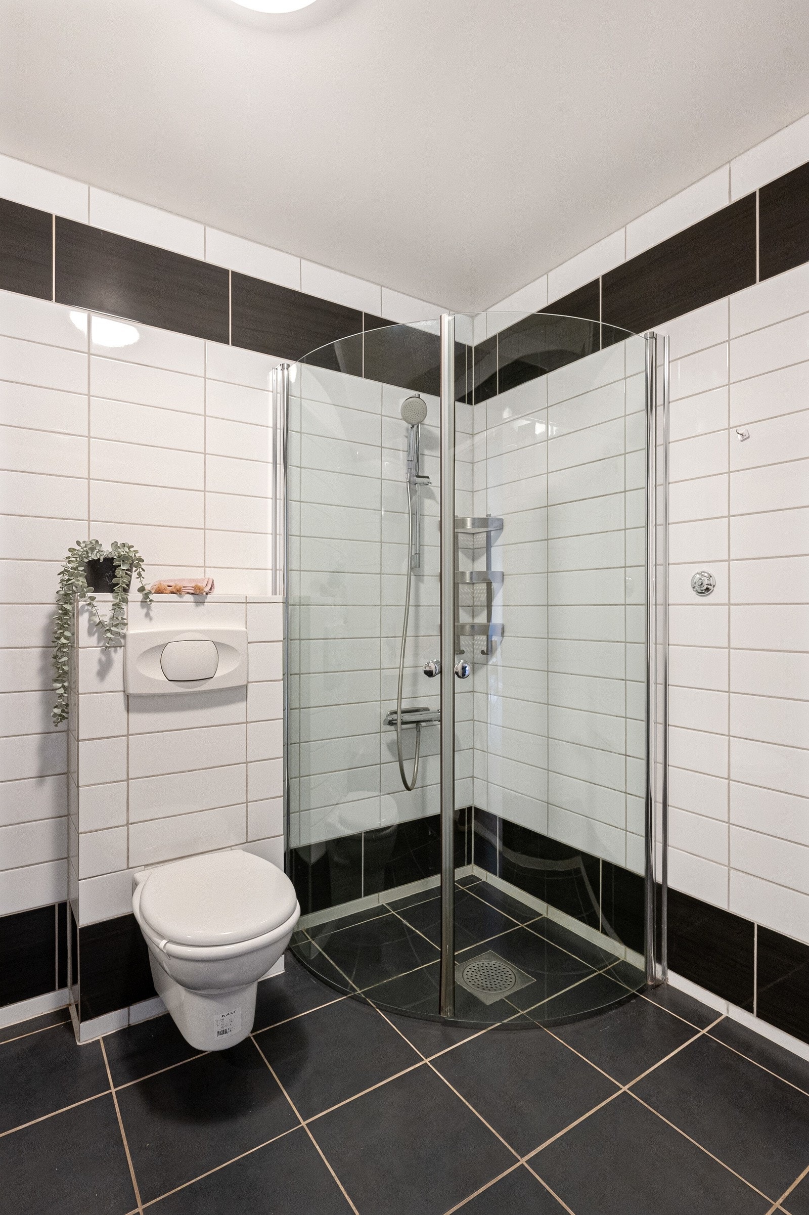 Dusjen er utstyrt med dusjdører og vegghengt toalett. Galleribilde