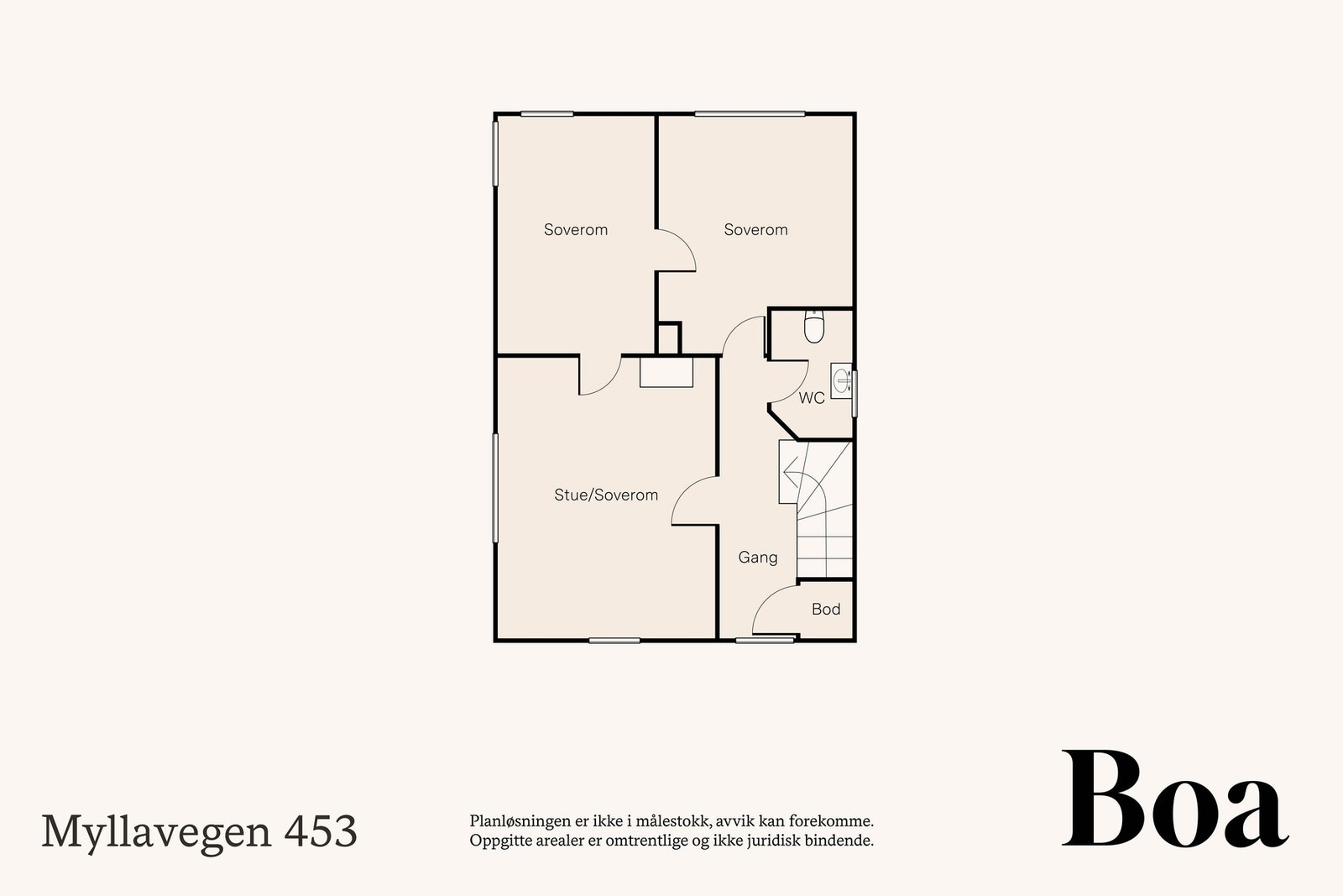 2.etasje: 3 soverom, toalettrom og trapperom. Galleribilde