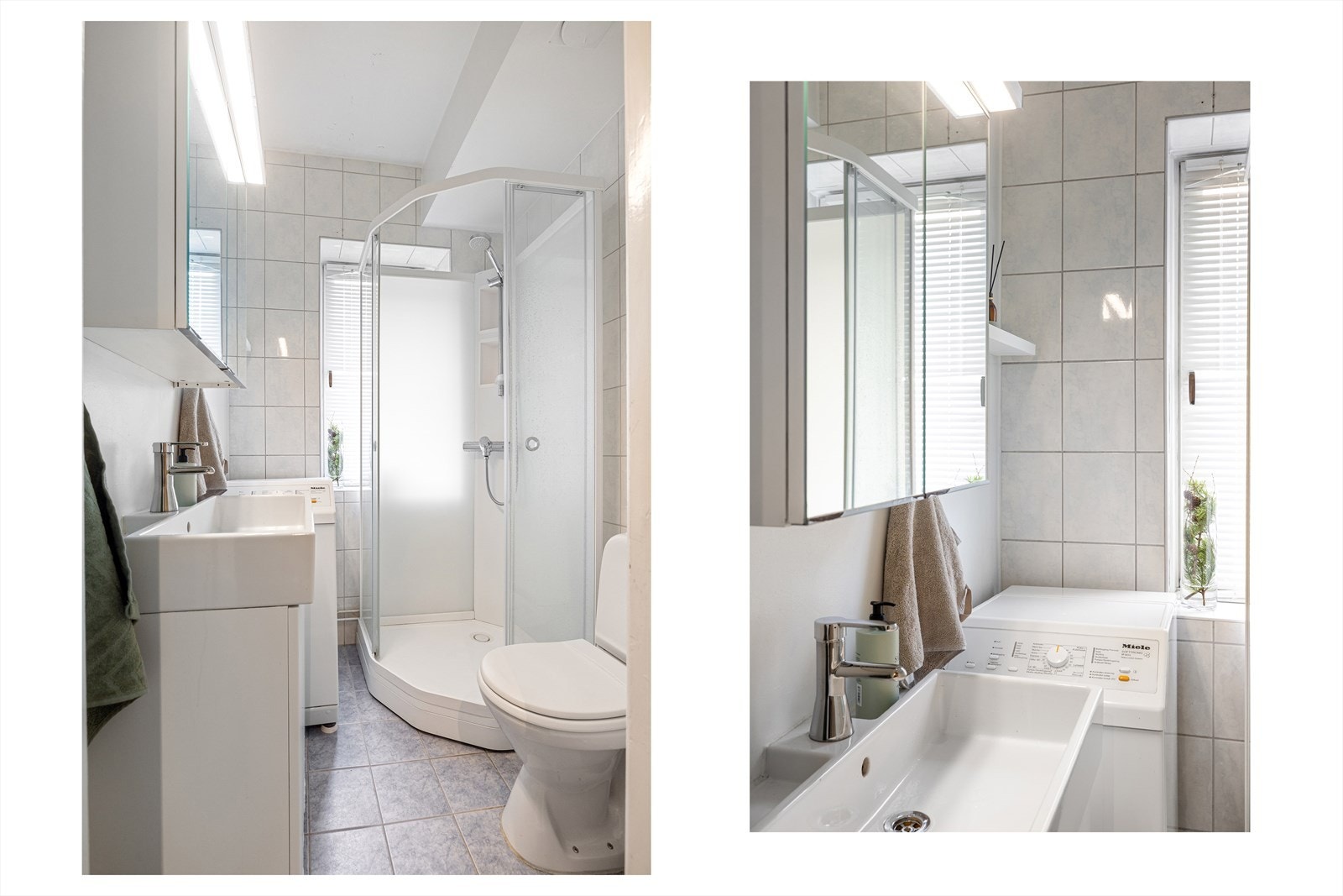 Tidløst bad med flislagte overflater, elektriske varmekabler og opplegg for vaskemaskin. Galleribilde