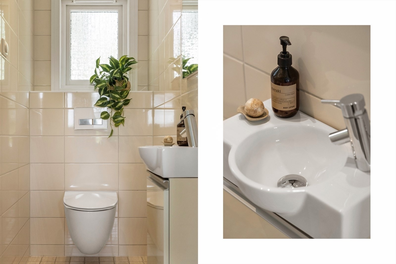Like ved badet ligger et praktisk toalettrom utført med fliser på gulv - og veggflater. Toalettrommet er innredet med servant i møblement og vegghengt toalett. Galleribilde