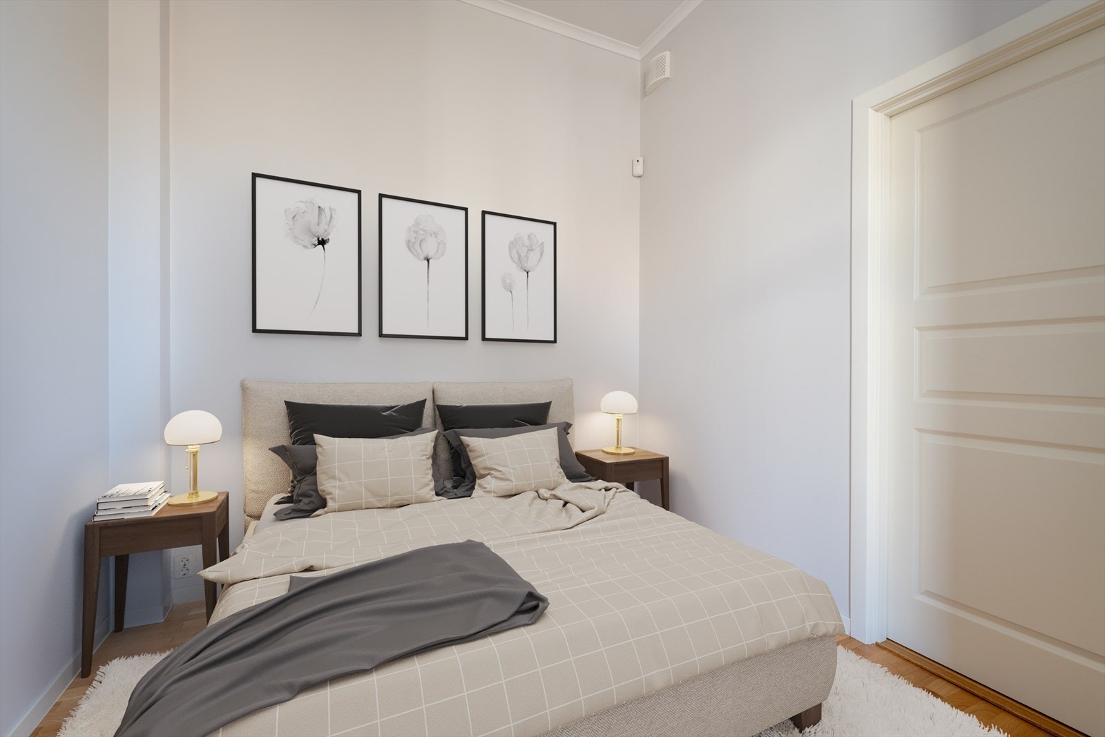 Soverom med plass til dobbeltseng. Bildet er digitalt stylet. Galleribilde