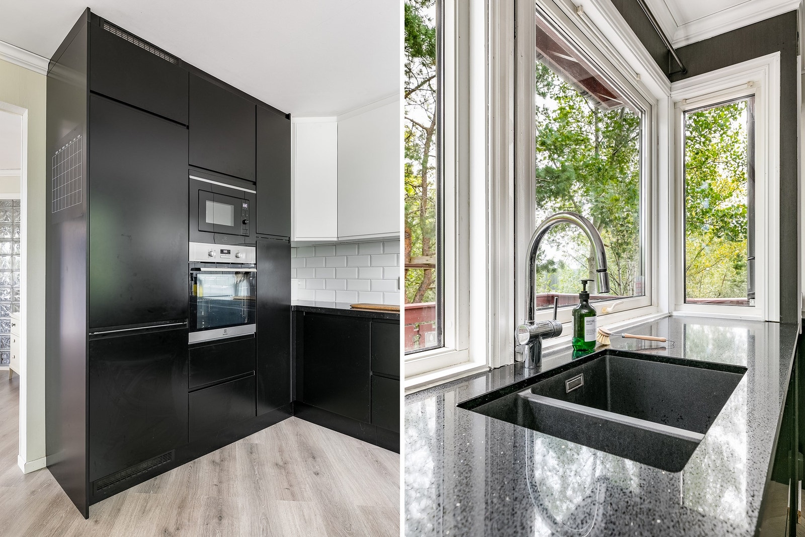 Benkeplater i stein tilbyr meterlange arbeidsflater. Hvitevarene er integrert, stekeovnen i praktisk benkehøyde. Galleribilde