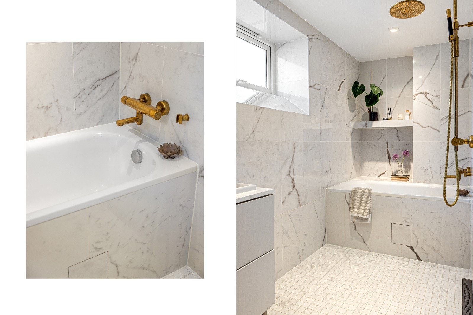 Badet er utstyrt med servantskap med speilskap og lys, vegghengt toalett, innebygd badekar samt en romslig dusjsone med regnfallsdusj og rennesluk. Galleribilde