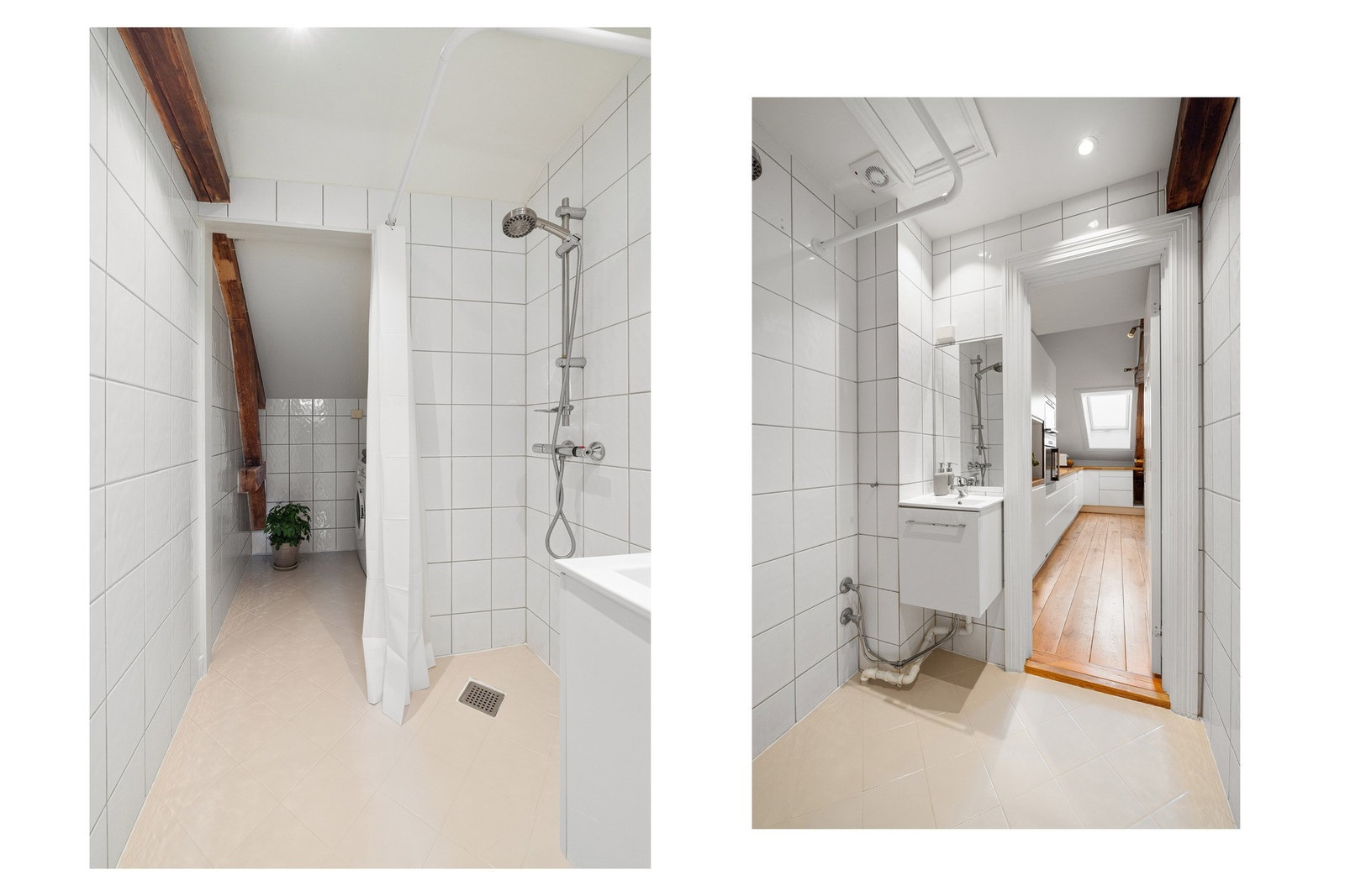 Etasjen sitt bad har flislagte overflater og er godt utstyrt. I 2025 ble vasken skiftet, gulvflisene malt og silikonfugene fornyet. Galleribilde