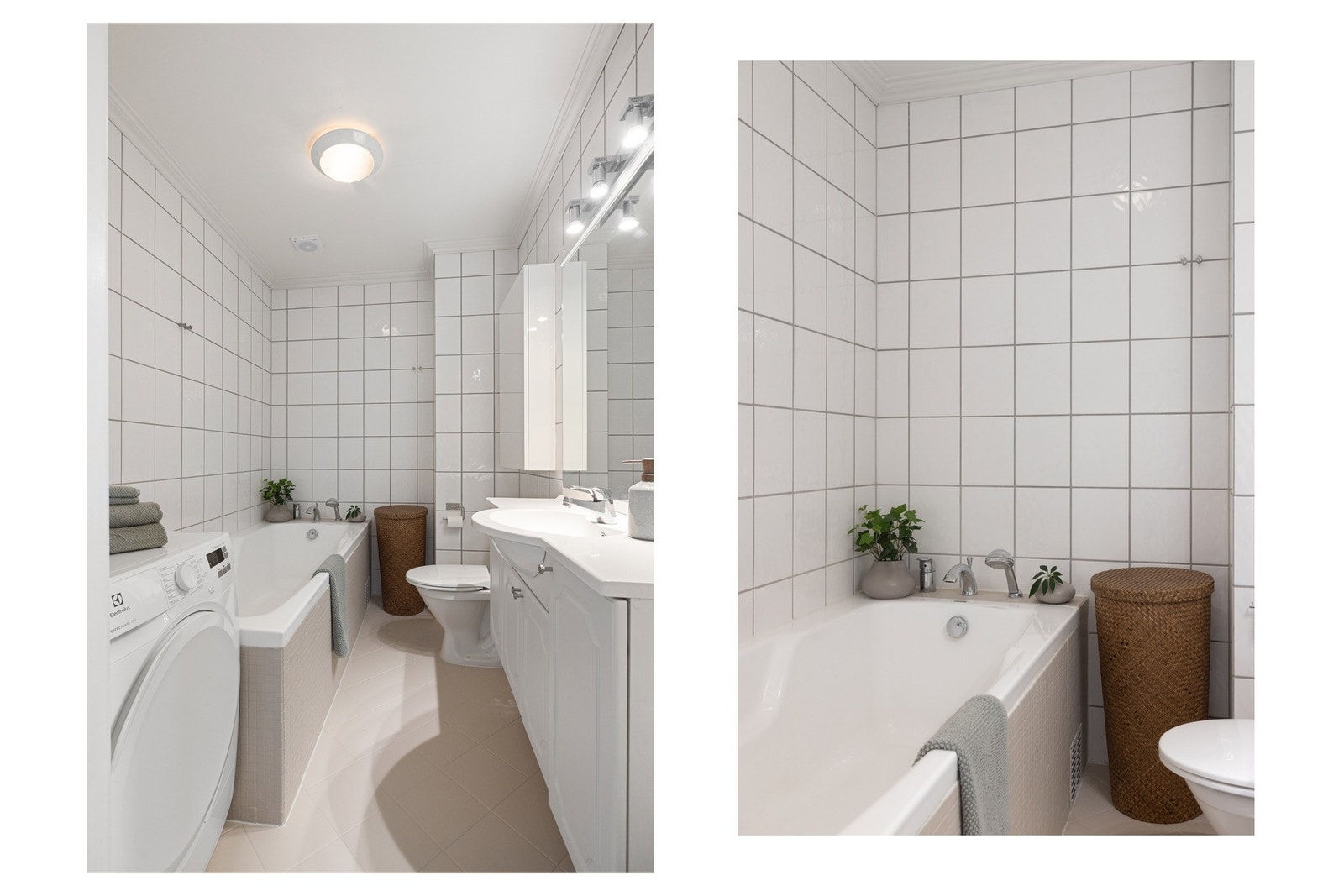 Badet er utstyrt med en servantinnredning, innfliset badekar, toalett og opplegg for vaskemaskin. Galleribilde