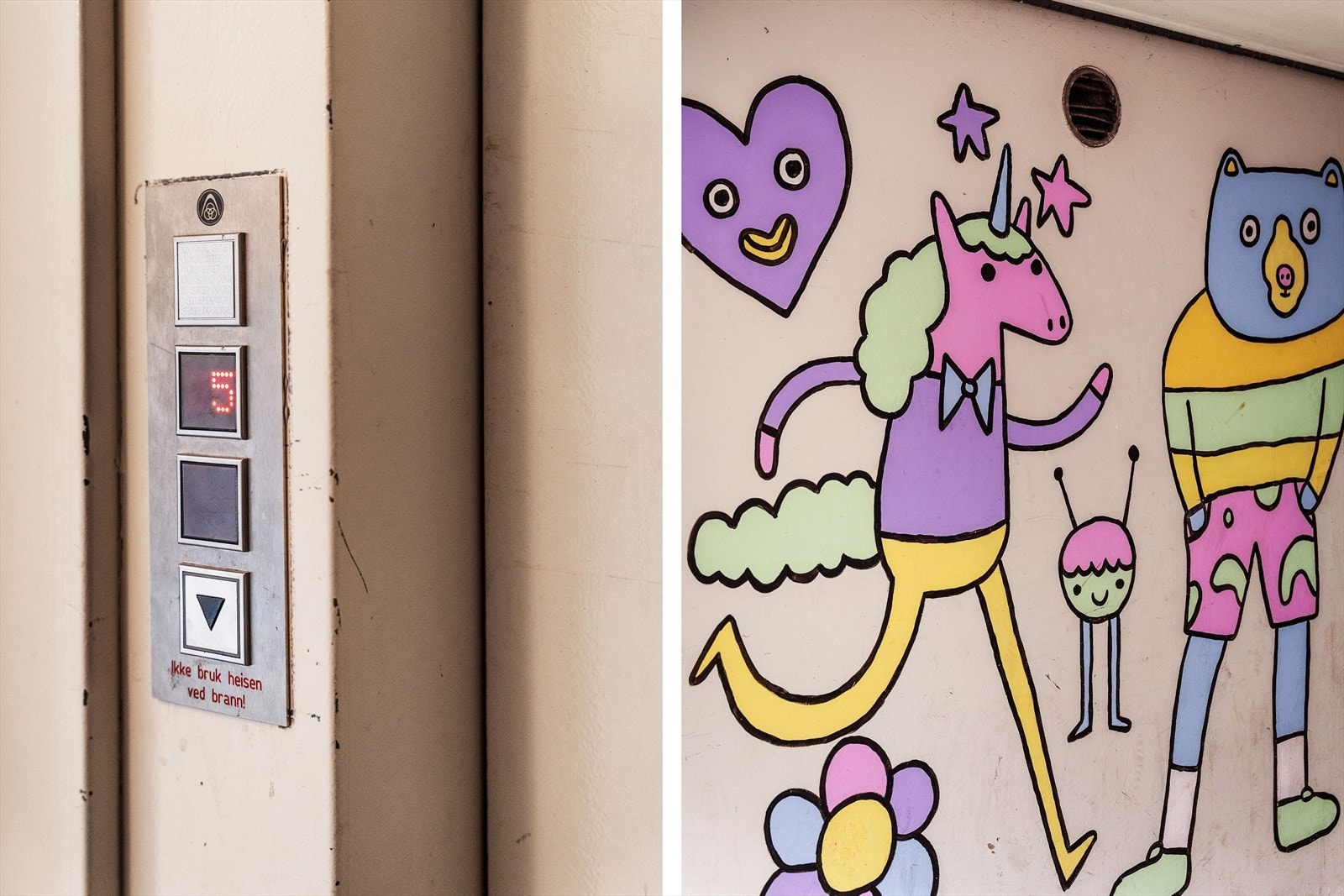 Leiligheten ligger i 5. etasje og er lett tilgjengelig med heis, sameiet har flotte kunstdekorerte vegger Galleribilde