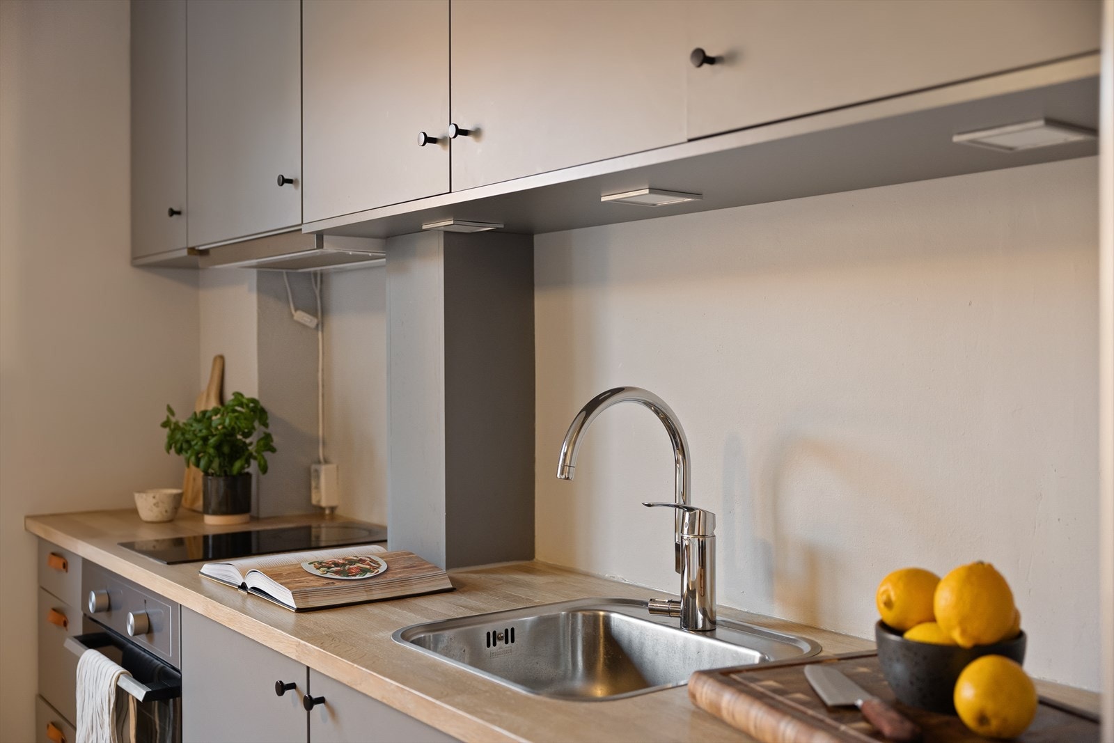 Praktiske løsninger inkluderer en ventilator til yttervegg over den integrerte koketoppen (to plater) og ovnen. Galleribilde