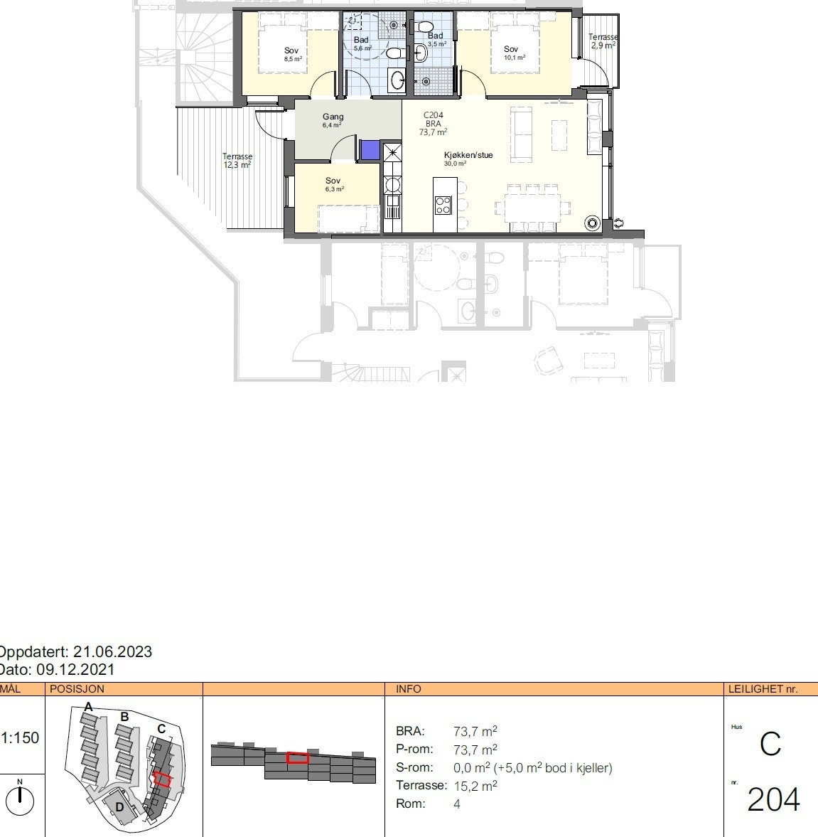 Leilighetens beliggenhet i bygget og plantegning. Galleribilde