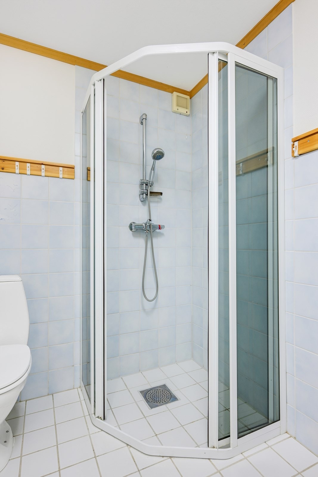 Badet inneholder servant i baderomsinnredningen, et toalett som ikke fungerer og en dusj. Galleribilde