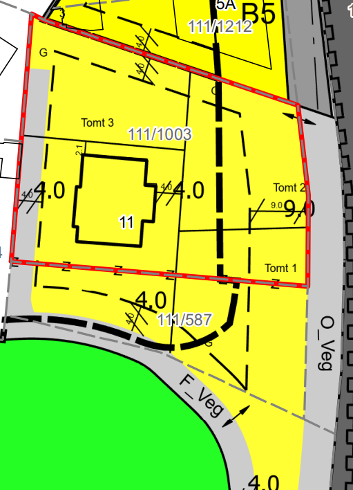 Utsnitt av reguleringsplan som viser tomteinndelingen Galleribilde