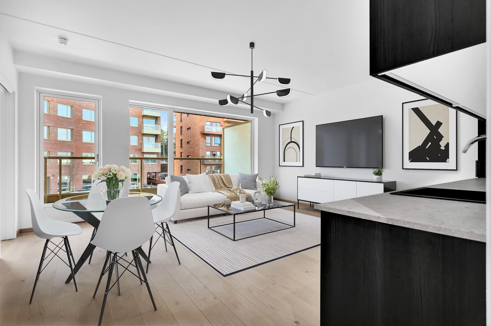 Stor stue med plass til sittegruppe og spisestue. Leiligheten er digitalt stylet Galleribilde