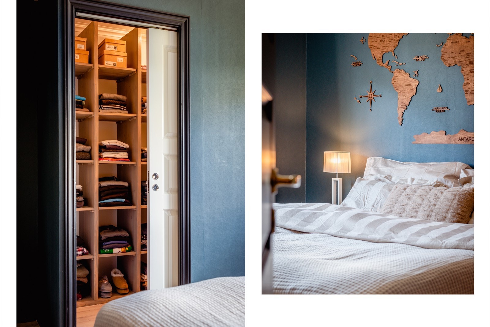 Walk-in closet på soverommet gir en praktisk og ryddig løsning på oppbevaring Galleribilde